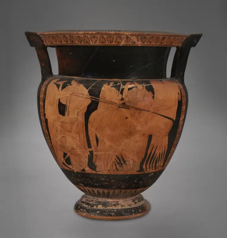 Red-Figure Column Krater (Mixing Vessel): Apollo and Goddesses with Chariot (A); Komos (Revel) (B) — تصویر رکورد موزهٔ هنر کلیولند (دسترسی آزاد)