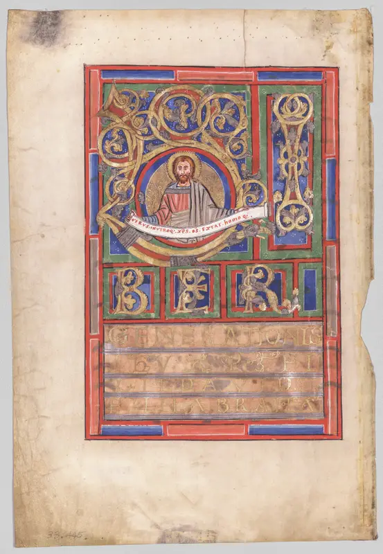Single Leaf Excised from a Gospel Book with Initial L[iber generationis]: St. Matthew (verso) — تصویر رکورد موزهٔ هنر کلیولند (دسترسی آزاد)
