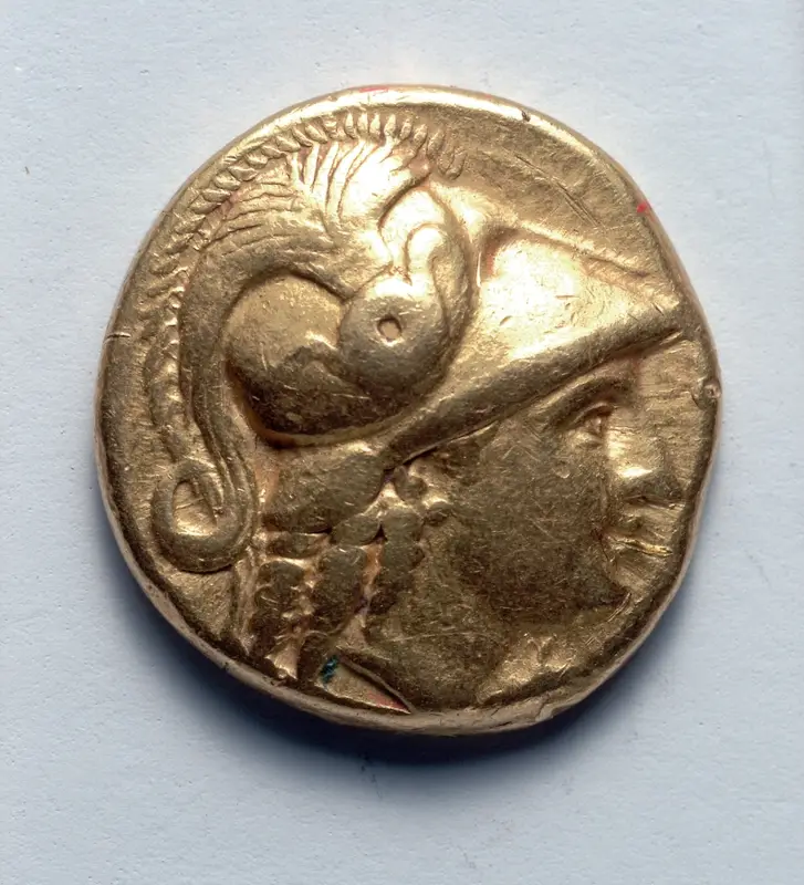 Stater: Head of Athena, r., with crested Corinthian helmet, barley left (obverse) — تصویر رکورد موزهٔ هنر کلیولند (دسترسی آزاد)
