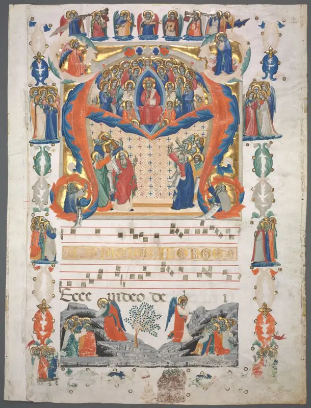 Single Leaf Excised from an Antiphonary: Inital A[spiciens a longe] with Christ in Majesty — تصویر رکورد موزهٔ هنر کلیولند (دسترسی آزاد)