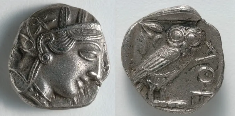 Tetradrachm: Head of Athena (obverse); Owl (reverse) — تصویر رکورد موزهٔ هنر کلیولند (دسترسی آزاد)