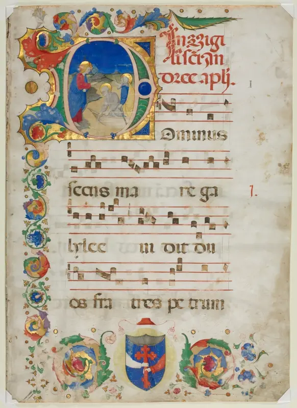 Bifolium Excised from an Antiphonary:  Initial D[ominus Iesus] with the Calling of Peter and Andrew — تصویر رکورد موزهٔ هنر کلیولند (دسترسی آزاد)