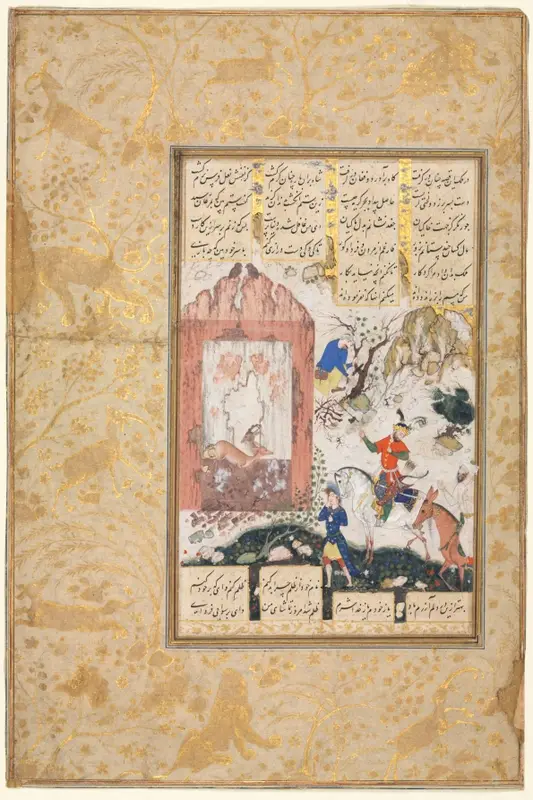 Nushirwan Listens to the Owls (recto): Illustration and Text, Persian Verses, from a Manuscript of the Khamsa of Nizami, Makhzan al-Asrar [Treasure of Secrets] — تصویر رکورد موزهٔ هنر کلیولند (دسترسی آزاد)