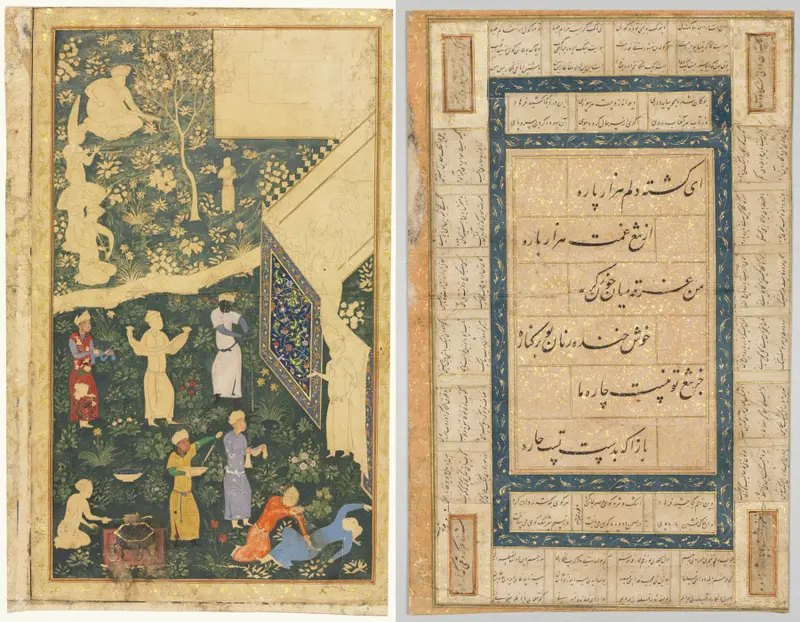 Left side of a double-page album folio: Outside a Royal Encampment (recto) and Calligraphy, Persian Verses (verso) — تصویر رکورد موزهٔ هنر کلیولند (دسترسی آزاد)