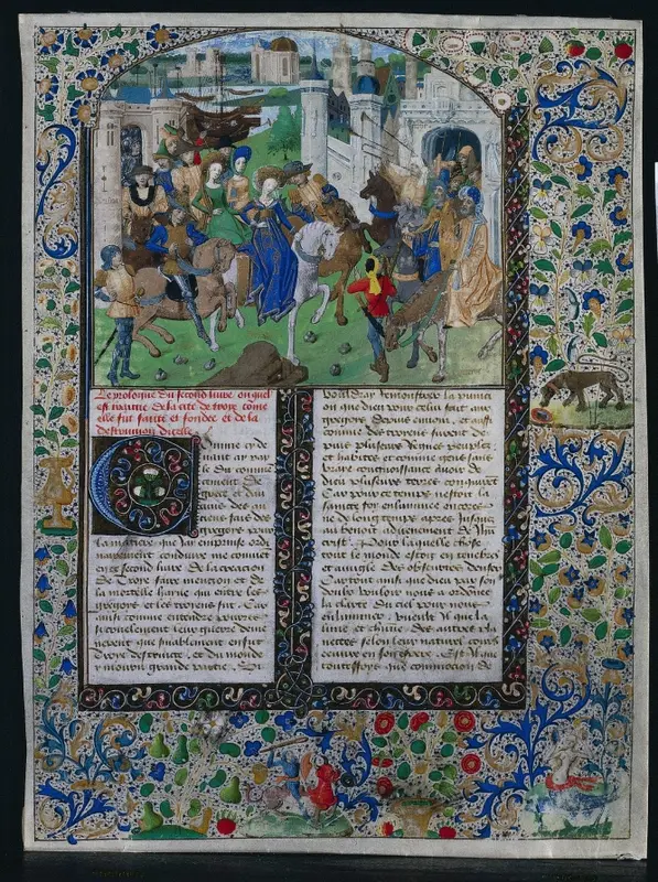 Leaf from Jehan de Courcy's "Chronique Universelle": King Priam Meets Helen and Paris outside the Gates of Troy — تصویر رکورد موزهٔ هنر کلیولند (دسترسی آزاد)