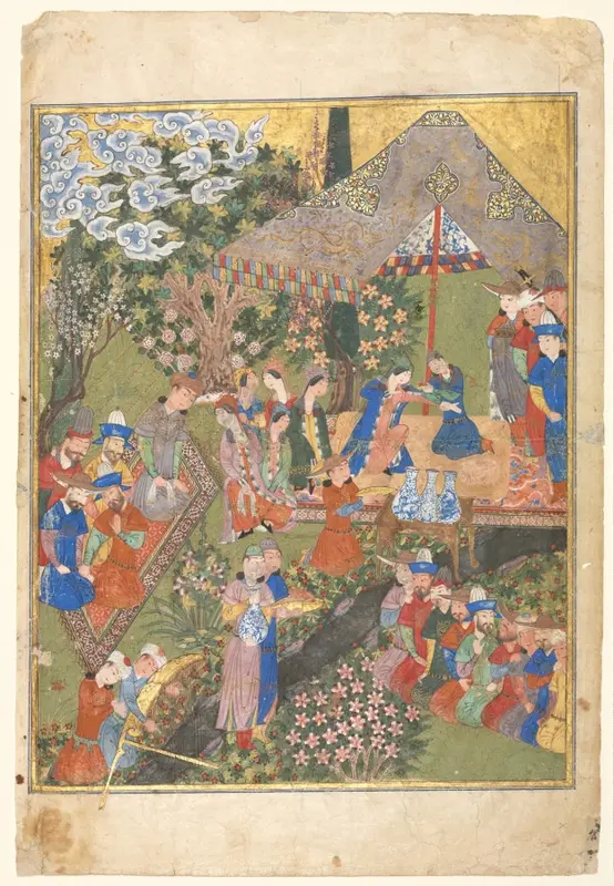 Royal Reception in a Landscape, right folio from a double-page frontispiece of a Shahnama (Book of Kings) of Firdausi (940–1019 or 1025) — تصویر رکورد موزهٔ هنر کلیولند (دسترسی آزاد)