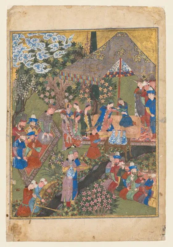 Royal Reception in a Landscape, right folio from the double frontispiece of a Shahnama (Book of Kings) of Firdausi (Persian, about 940–1019 or 1025) (verso) — تصویر رکورد موزهٔ هنر کلیولند (دسترسی آزاد)