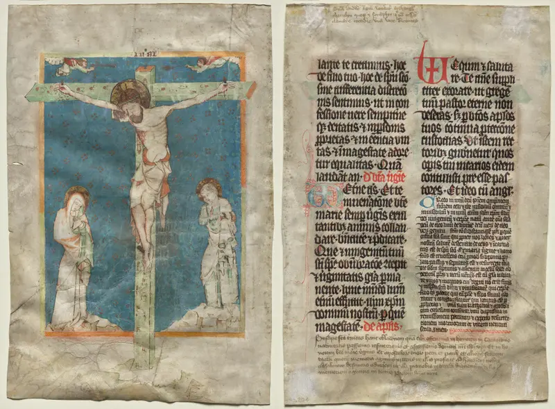 Leaf from a Missal: The Crucifixion (recto) and Text (verso) — تصویر رکورد موزهٔ هنر کلیولند (دسترسی آزاد)