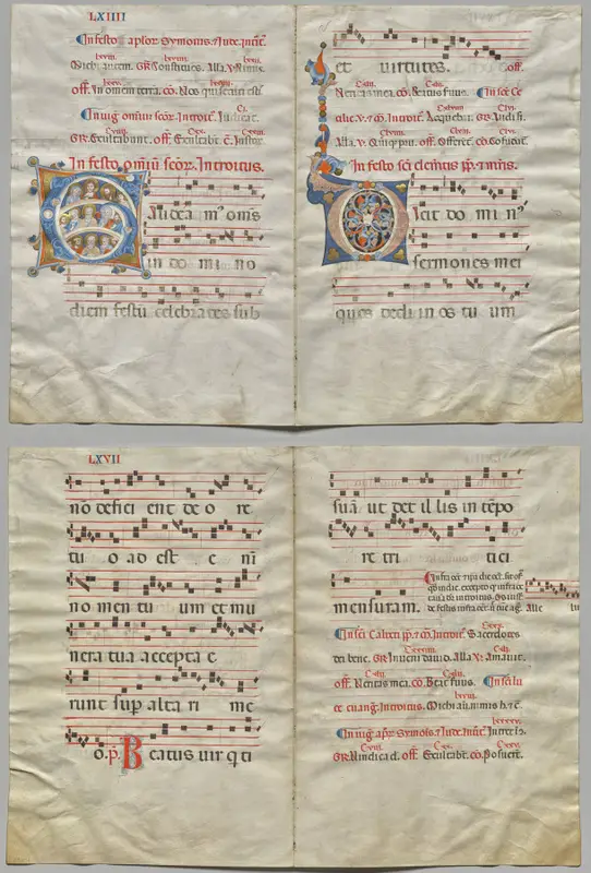 Bifolio from a Gradual:  Initial (G) with Christ, the Virgin, and Apostles and Initial (O) (recto); Music and Text (verso) — تصویر رکورد موزهٔ هنر کلیولند (دسترسی آزاد)