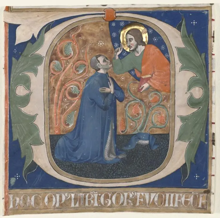 Historiated Initial (O) Excised from an Antiphonary: The Donor, Gorus Fucci, Kneels before Christ — تصویر رکورد موزهٔ هنر کلیولند (دسترسی آزاد)