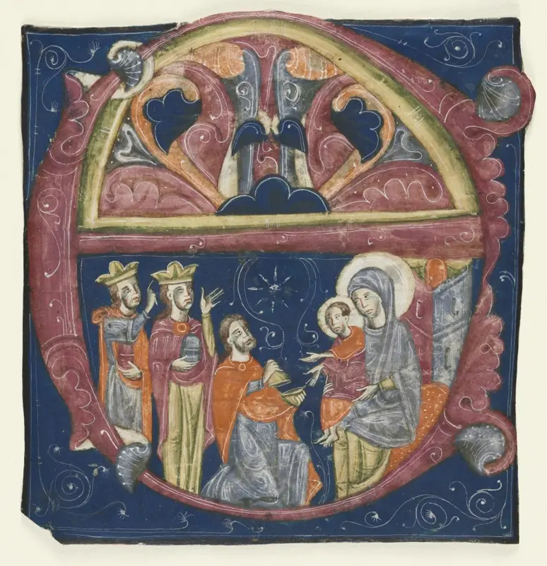 Historiated Initial (E) Excised from a Gradual: Adoration of the Magi — تصویر رکورد موزهٔ هنر کلیولند (دسترسی آزاد)