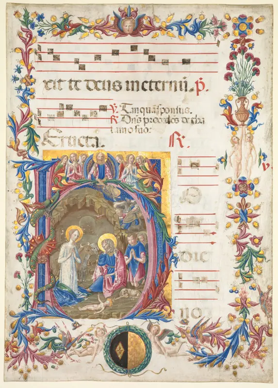 Single Leaf from an Antiphonary: Initial H[odie nobis] with The Nativity — تصویر رکورد موزهٔ هنر کلیولند (دسترسی آزاد)