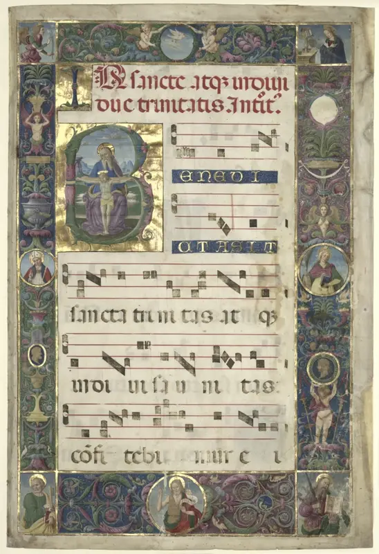 The Trinity: Leaf from a Gradual with Initial B — تصویر رکورد موزهٔ هنر کلیولند (دسترسی آزاد)