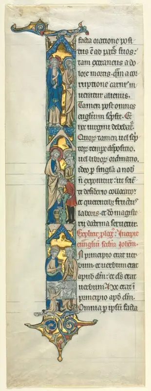 Partial Leaf from a Latin Bible: Initial I[n principio] with the Marriage at Cana — تصویر رکورد موزهٔ هنر کلیولند (دسترسی آزاد)