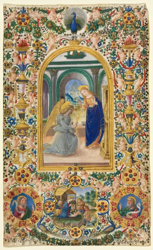 Leaf from a Book of Hours: Annunciation, Nativity and Two Prophets — تصویر رکورد موزهٔ هنر کلیولند (دسترسی آزاد)