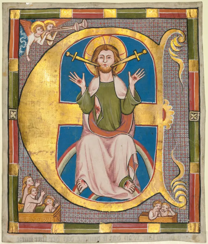 Initial E from a Municipal Law Book: The Last Judgment — تصویر رکورد موزهٔ هنر کلیولند (دسترسی آزاد)