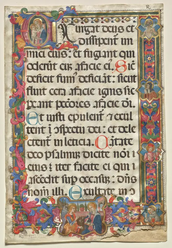 Leaf from a Psalter with Full Border with Medallions (Annunciation, SS. Jerome, Clare, Sebastian and Bernardino) and Historiated Initial (E): Virgin and Child — تصویر رکورد موزهٔ هنر کلیولند (دسترسی آزاد)