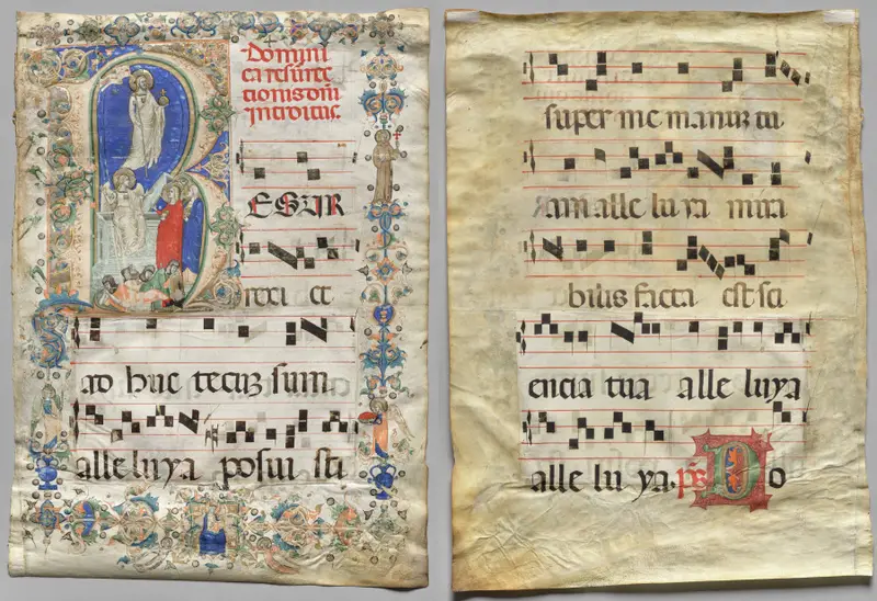 Leaf from a Gradual: Historiated Initial R: The Resurrection (recto) and Initial D (verso) — تصویر رکورد موزهٔ هنر کلیولند (دسترسی آزاد)