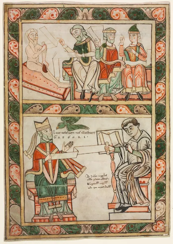 Title Page of St. Gregory's "Moralia": Job Visited by His Three Friends (above) and Gregory the Great and His Deacon Peter (below) — تصویر رکورد موزهٔ هنر کلیولند (دسترسی آزاد)