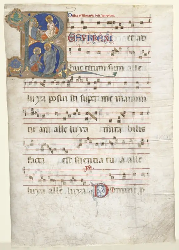 Leaf from a Gradual: Initial (R) with the Three Marys at the Tomb and "Noli me Tangere" — تصویر رکورد موزهٔ هنر کلیولند (دسترسی آزاد)