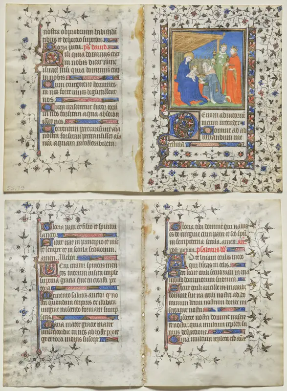 Bifolio from a Book of Hours: Adoration of the Magi (recto); Text (verso) — تصویر رکورد موزهٔ هنر کلیولند (دسترسی آزاد)