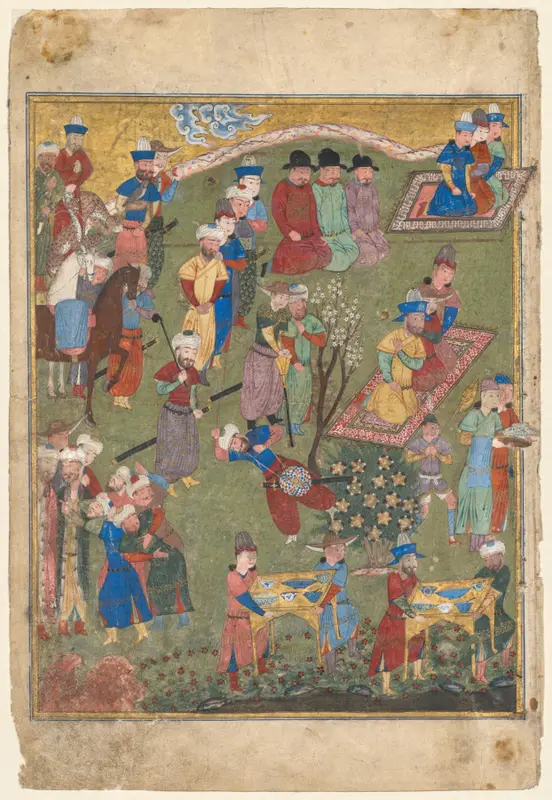 Royal Reception in a Landscape, left folio from the double frontispiece of a Shahnama (Book of Kings) of Firdausi (Persian, about 940–1019 or 1025) — تصویر رکورد موزهٔ هنر کلیولند (دسترسی آزاد)