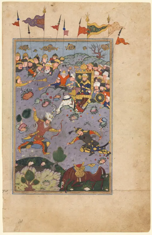 Rustam meets the challenge of Ashkabus, from a Shah-nama (Book of Kings) of Firdausi (Persian, about 934–1020) — تصویر رکورد موزهٔ هنر کلیولند (دسترسی آزاد)
