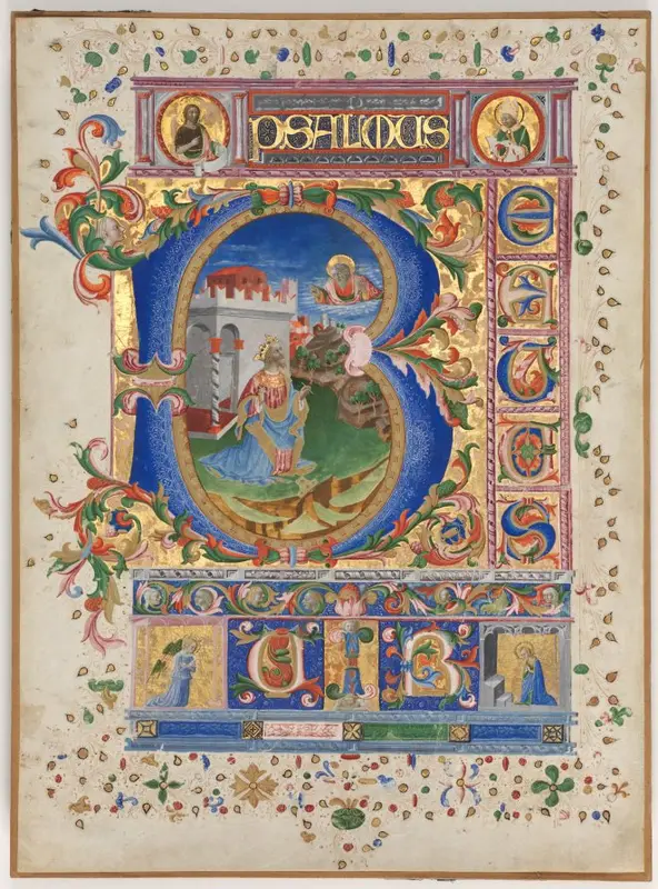Leaf from a Psalter with Historiated Initial (B): King David — تصویر رکورد موزهٔ هنر کلیولند (دسترسی آزاد)