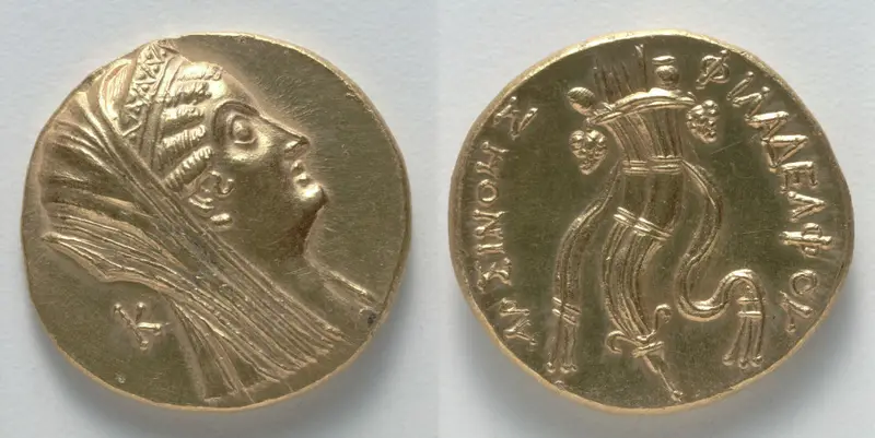 Octodrachm: Head of Arsinoe II (obverse); Double Cornucopia (reverse) — تصویر رکورد موزهٔ هنر کلیولند (دسترسی آزاد)