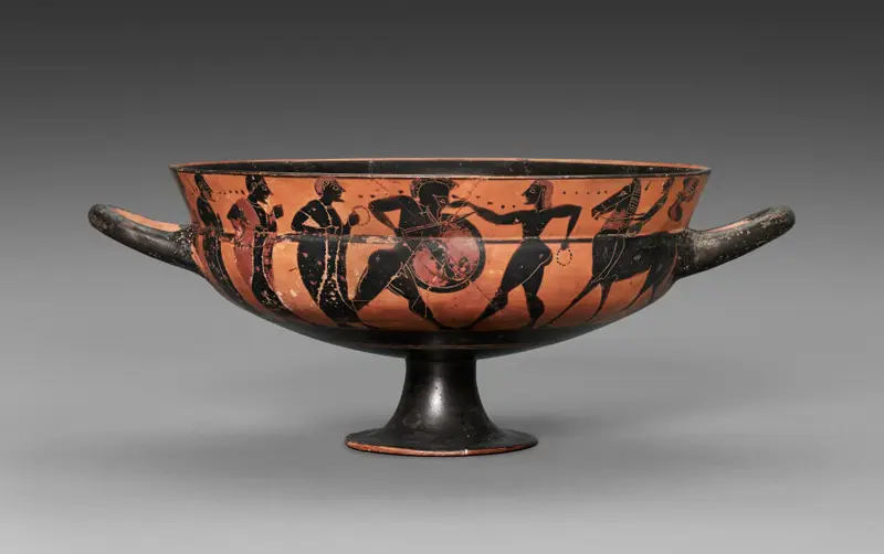 Siana Cup (Black-Figure Kylix [Drinking Cup]): Horseman and Warriors — تصویر رکورد موزهٔ هنر کلیولند (دسترسی آزاد)