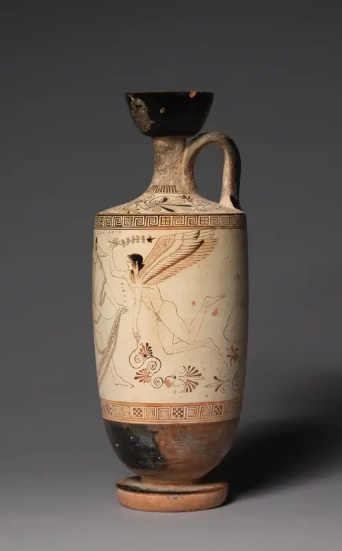 White-Ground Lekythos (Oil Vessel): Atalanta and Erotes — تصویر رکورد موزهٔ هنر کلیولند (دسترسی آزاد)