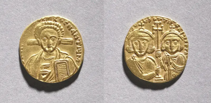 Solidus with Justinian II Rhinometus and His Son Tiberius — تصویر رکورد موزهٔ هنر کلیولند (دسترسی آزاد)
