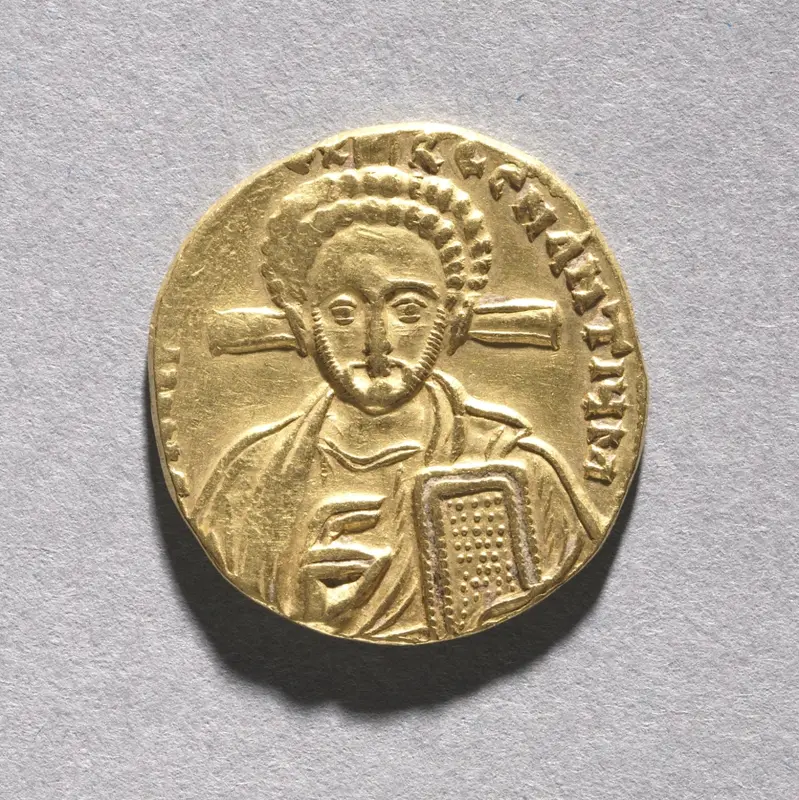Solidus with Justinian II Rhinometus and His Son Tiberius (obverse) — تصویر رکورد موزهٔ هنر کلیولند (دسترسی آزاد)