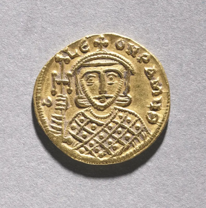 Solidus with Leo IV the Khazar and His Father Constantine V Copronymus (obverse) — تصویر رکورد موزهٔ هنر کلیولند (دسترسی آزاد)