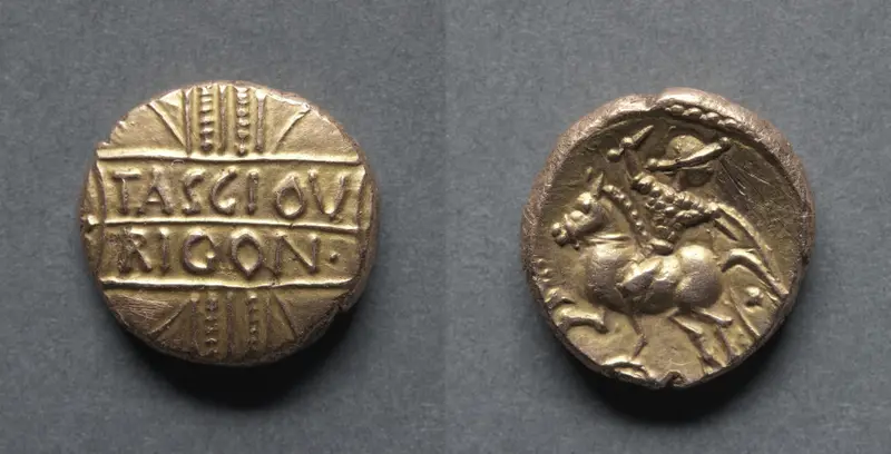 Tasciovanus Stater: Wreath (obverse); Horse and Armed Rider (reverse) — تصویر رکورد موزهٔ هنر کلیولند (دسترسی آزاد)