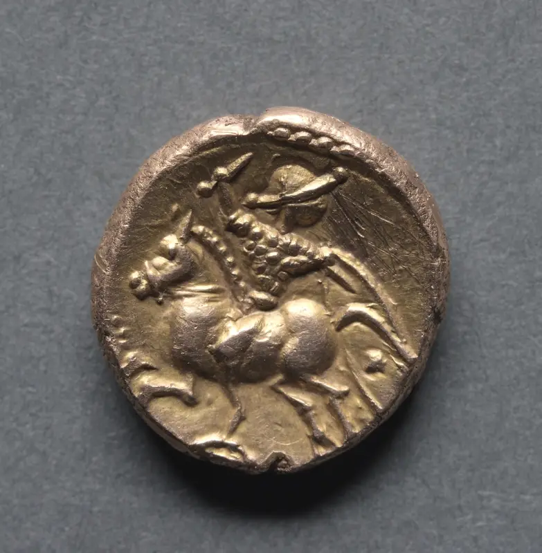 Tasciovanus Stater: Horse and Armed Rider (reverse) — تصویر رکورد موزهٔ هنر کلیولند (دسترسی آزاد)