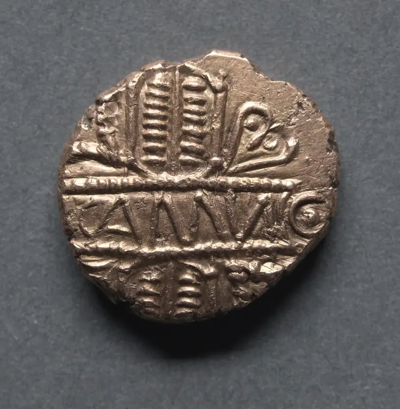 Cunobeline Stater: Tablet on Wreath (reverse) — تصویر رکورد موزهٔ هنر کلیولند (دسترسی آزاد)