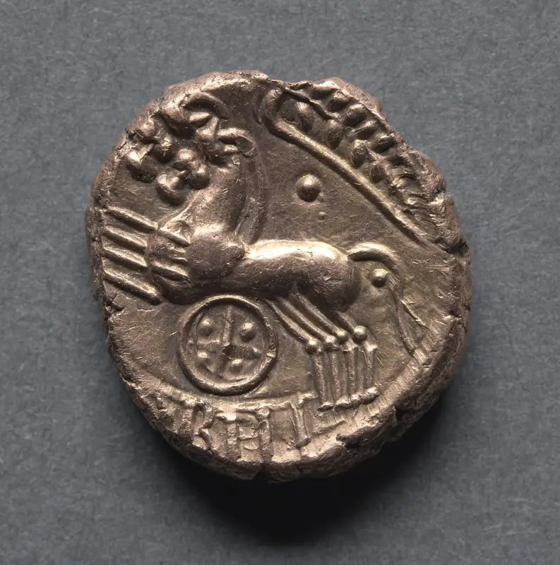 Cunobeline Stater: Two Horses and Wheel (reverse) — تصویر رکورد موزهٔ هنر کلیولند (دسترسی آزاد)