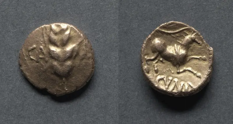 Cunobeline Quarter Stater: Corn (obverse); Horse and Branch (reverse) — تصویر رکورد موزهٔ هنر کلیولند (دسترسی آزاد)