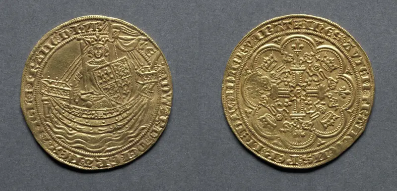 Noble: Edward III Standing in Ship with Shield of Arms (obverse); Ornamental Cross with Lis Terminals (reverse) — تصویر رکورد موزهٔ هنر کلیولند (دسترسی آزاد)
