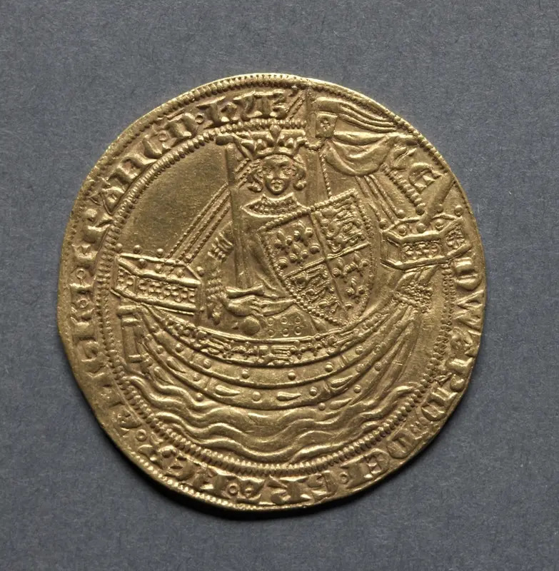 Noble: Edward III Standing in Ship with Shield of Arms (obverse) — تصویر رکورد موزهٔ هنر کلیولند (دسترسی آزاد)
