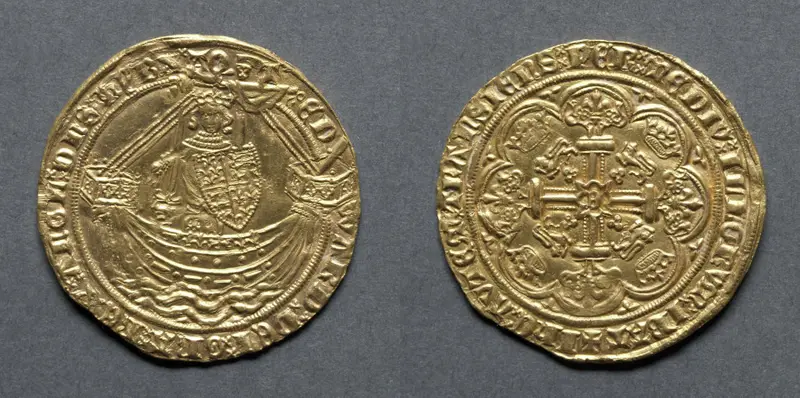Noble: Edward III Standing in Ship with Shield of Arms (obverse); Ornamental Cross with Lis Terminals (reverse) — تصویر رکورد موزهٔ هنر کلیولند (دسترسی آزاد)
