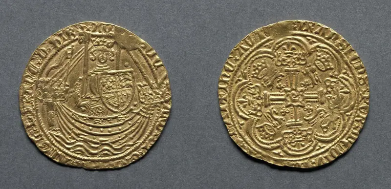Noble: Richard II Standing on Ship with Shield of Arms (obverse); Ornamental Cross with Lis Terminals (reverse) — تصویر رکورد موزهٔ هنر کلیولند (دسترسی آزاد)