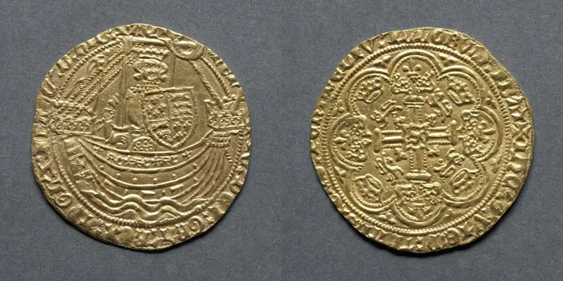 Noble: Henry IV Standing in Ship with Shield of Arms (obverse); Ornamental Cross with Lis Terminals (reverse) — تصویر رکورد موزهٔ هنر کلیولند (دسترسی آزاد)