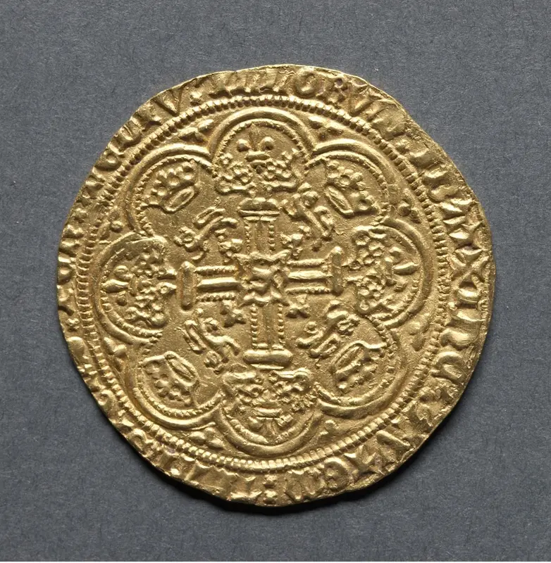 Noble: Henry IV Standing in Ship with Shield of Arms (obverse); Ornamental Cross with Lis Terminals (reverse) — تصویر رکورد موزهٔ هنر کلیولند (دسترسی آزاد)