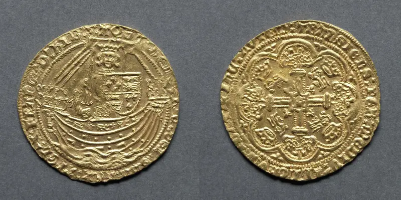 Noble: Henry V in Ship with Shield of Arms (obverse); Ornamental Cross with Lis Terminals (reverse) — تصویر رکورد موزهٔ هنر کلیولند (دسترسی آزاد)