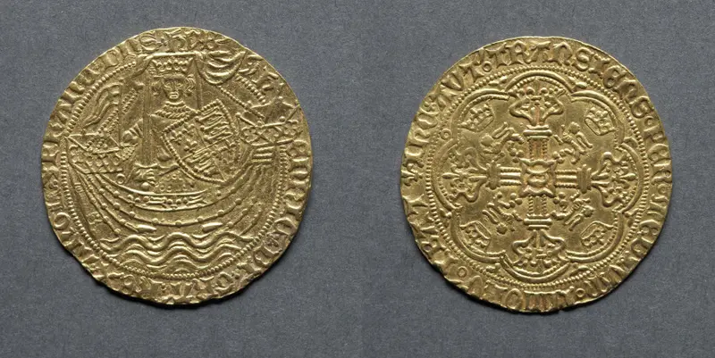 Noble: Henry VI in Ship with Shield of Arms (obverse); Ornamental Cross with Lis Terminals (reverse) — تصویر رکورد موزهٔ هنر کلیولند (دسترسی آزاد)