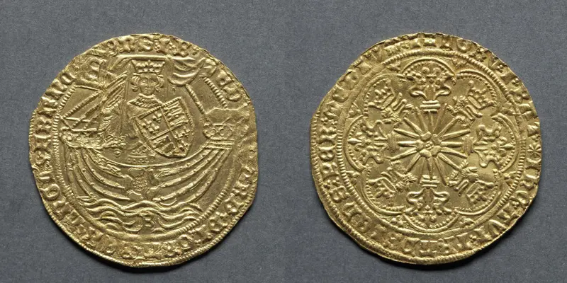 Ryal: Edward IV in Ship with a Shield of Arms and Rose (obverse); Sun with Fleurs (reverse) — تصویر رکورد موزهٔ هنر کلیولند (دسترسی آزاد)