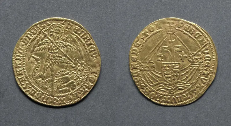 Angel: St. George Slaying the Dragon (obverse); Ship with Shield of Arms and Cross (reverse) — تصویر رکورد موزهٔ هنر کلیولند (دسترسی آزاد)