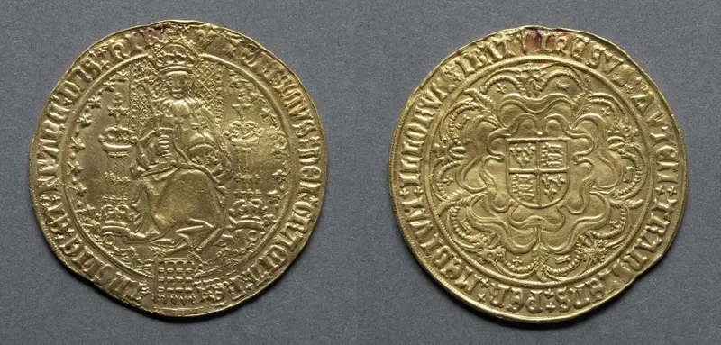 Sovereign: Henry VIII Enthroned (obverse); Royal Arms on Tudor Rose (reverse) — تصویر رکورد موزهٔ هنر کلیولند (دسترسی آزاد)
